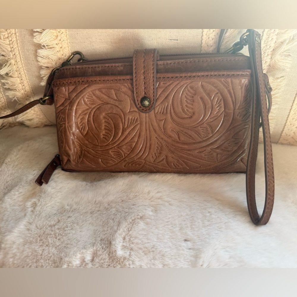 The Sak Brown Tooled Leather Crossbody Wallet